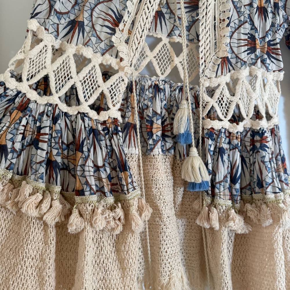 Kitsch & Pop Anthro Boho Tie Front Crochet Layered Long Tunic/Dress Festival S/M - Picture 9 of 16